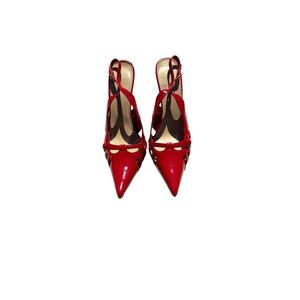 Red pointed toe pumps